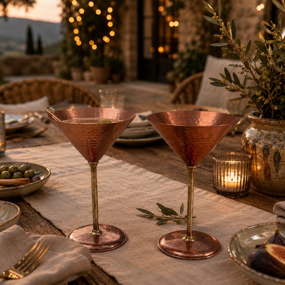 Vintage Hammered Copper Martini Glasses Brass Stems Set of 2 MCM Barware